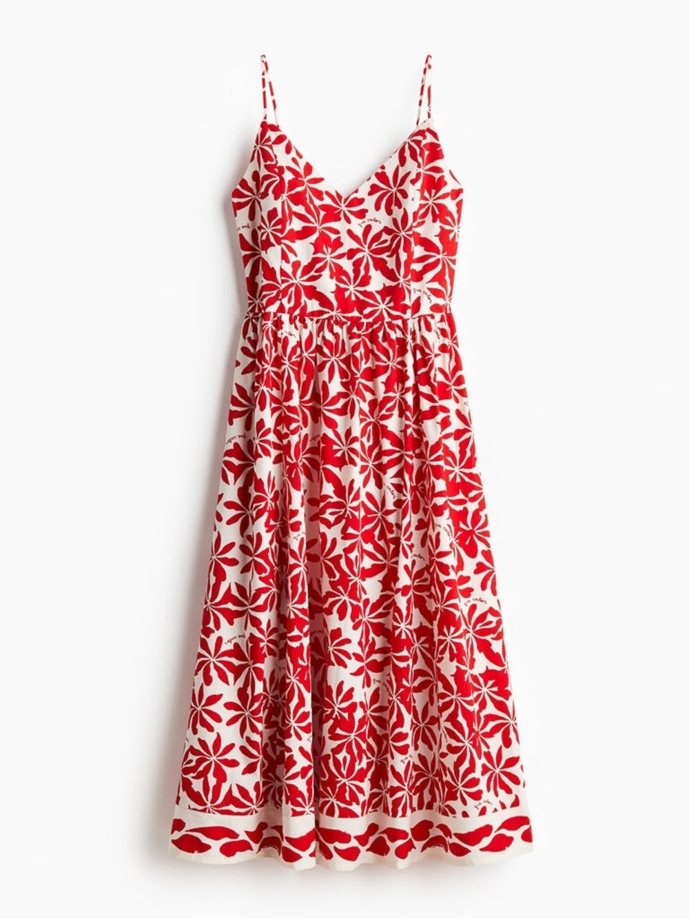 H&M Red and White Floral Spaghetti-Strap Midi Dress